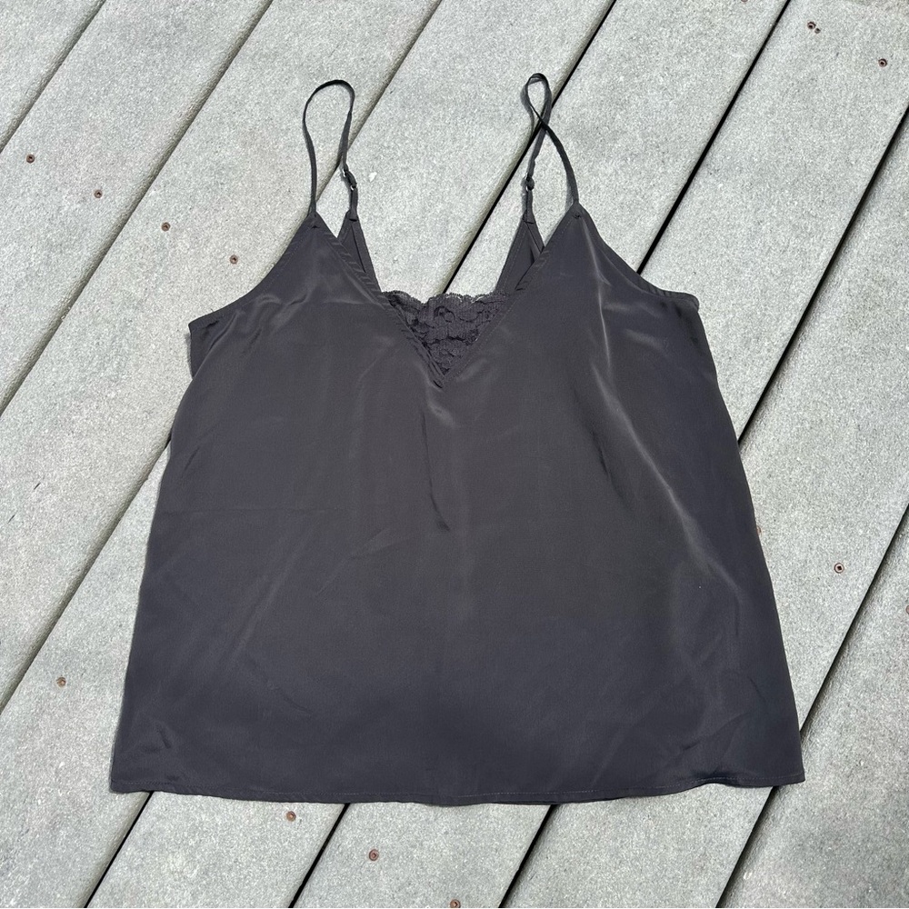 90s vibe black lace detail, chiffon tank top size medium